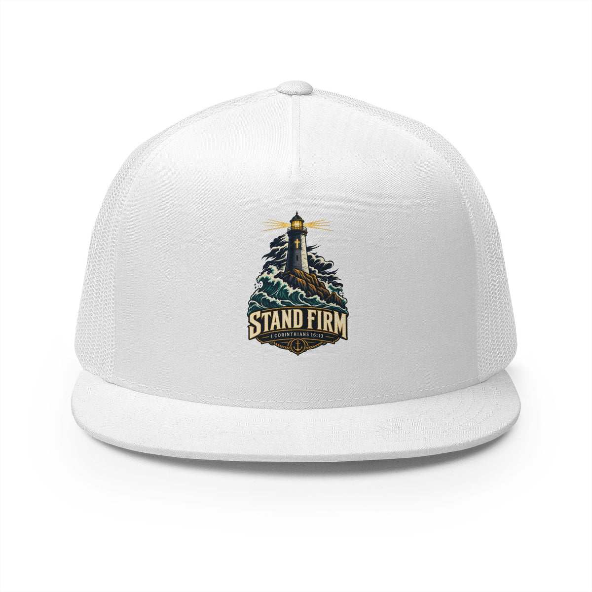 Stand Firm Lighthouse Trucker Cap - 1 Corinthians 16:13