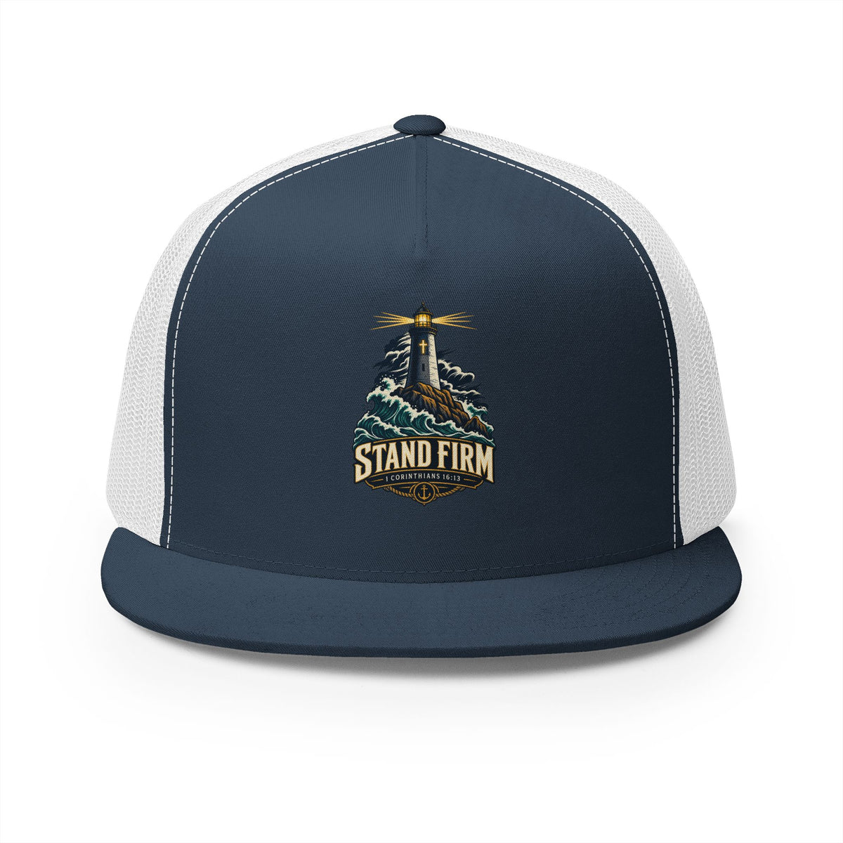 Stand Firm Lighthouse Trucker Cap - 1 Corinthians 16:13