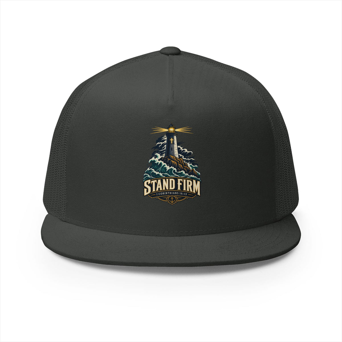 Stand Firm Lighthouse Trucker Cap - 1 Corinthians 16:13