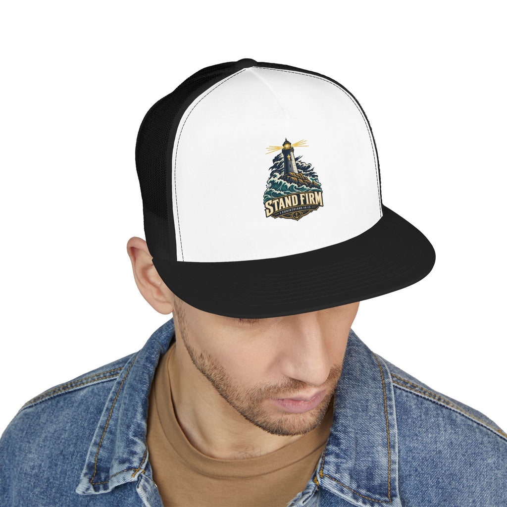 Stand Firm Lighthouse Trucker Cap - 1 Corinthians 16:13
