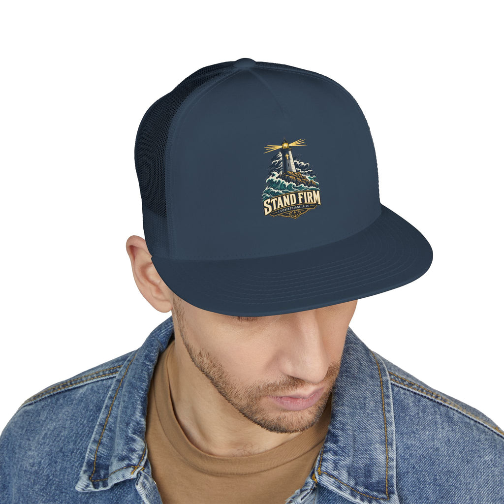 Stand Firm Lighthouse Trucker Cap - 1 Corinthians 16:13