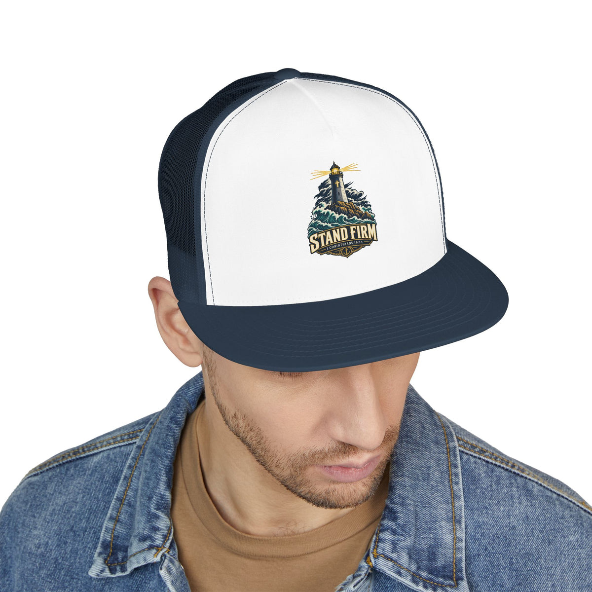 Stand Firm Lighthouse Trucker Cap - 1 Corinthians 16:13