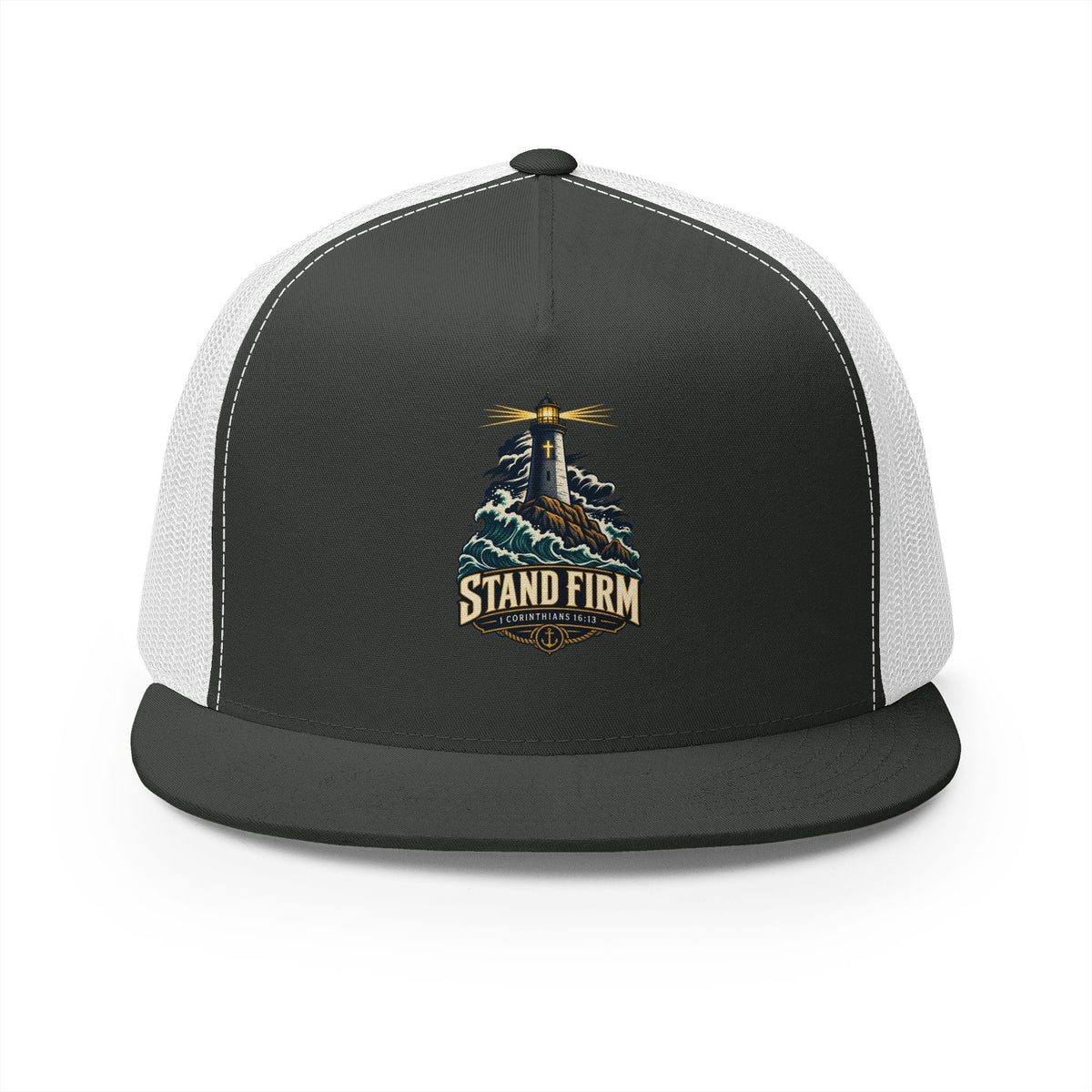 Stand Firm Lighthouse Trucker Cap - 1 Corinthians 16:13