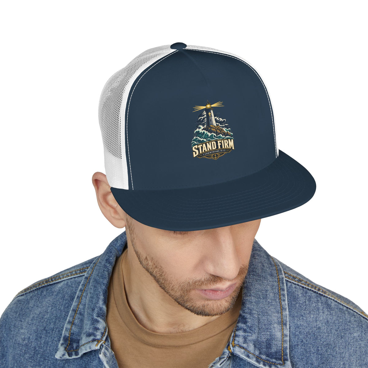 Stand Firm Lighthouse Trucker Cap - 1 Corinthians 16:13