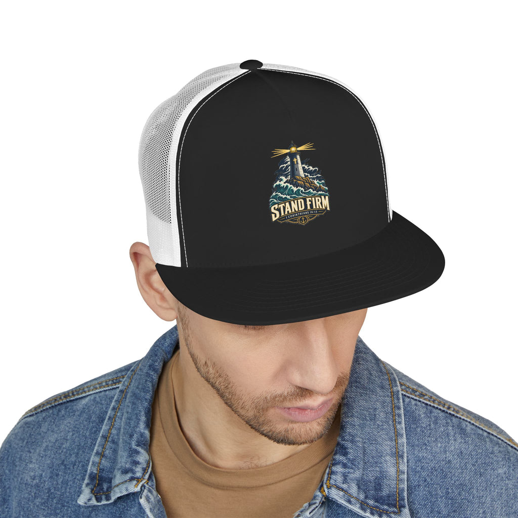 Stand Firm Lighthouse Trucker Cap - 1 Corinthians 16:13