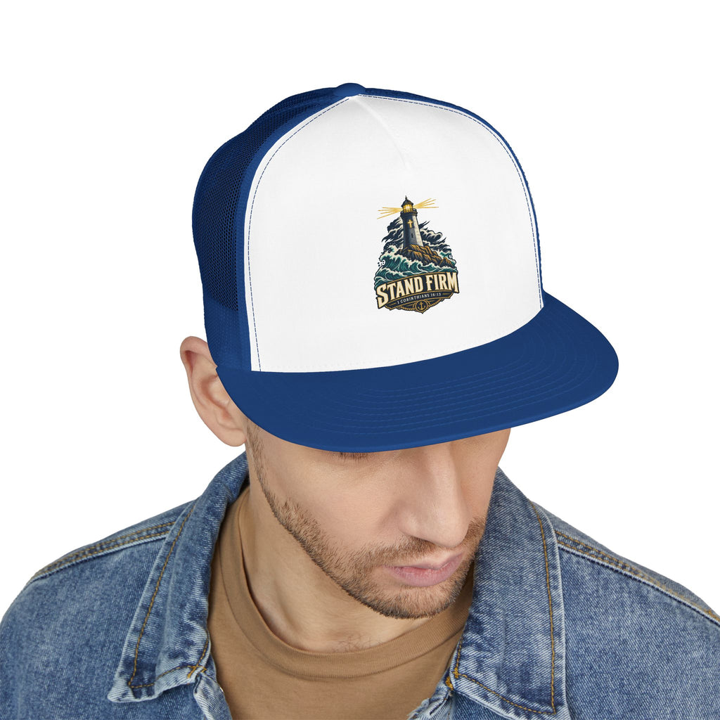 Stand Firm Lighthouse Trucker Cap - 1 Corinthians 16:13