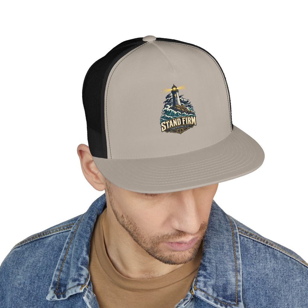 Stand Firm Lighthouse Trucker Cap - 1 Corinthians 16:13