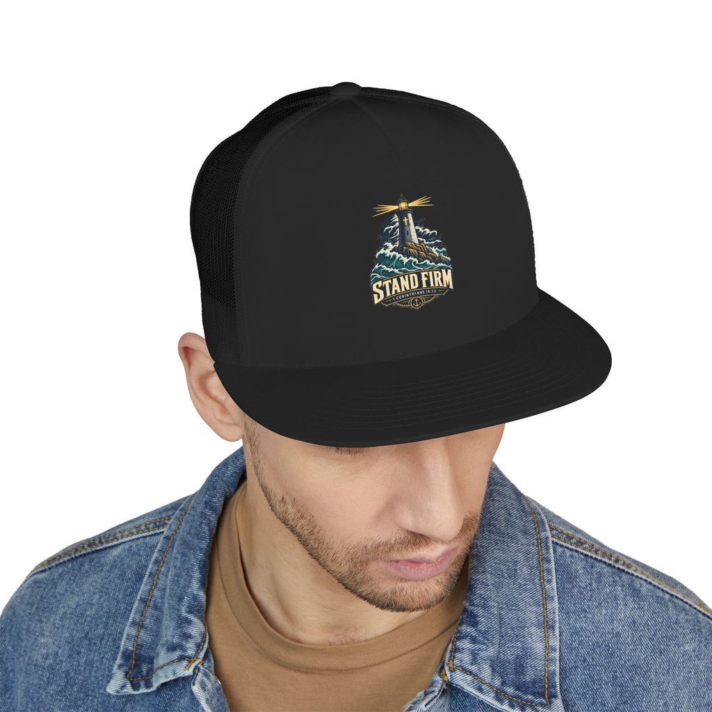 Stand Firm Lighthouse Trucker Cap - 1 Corinthians 16:13