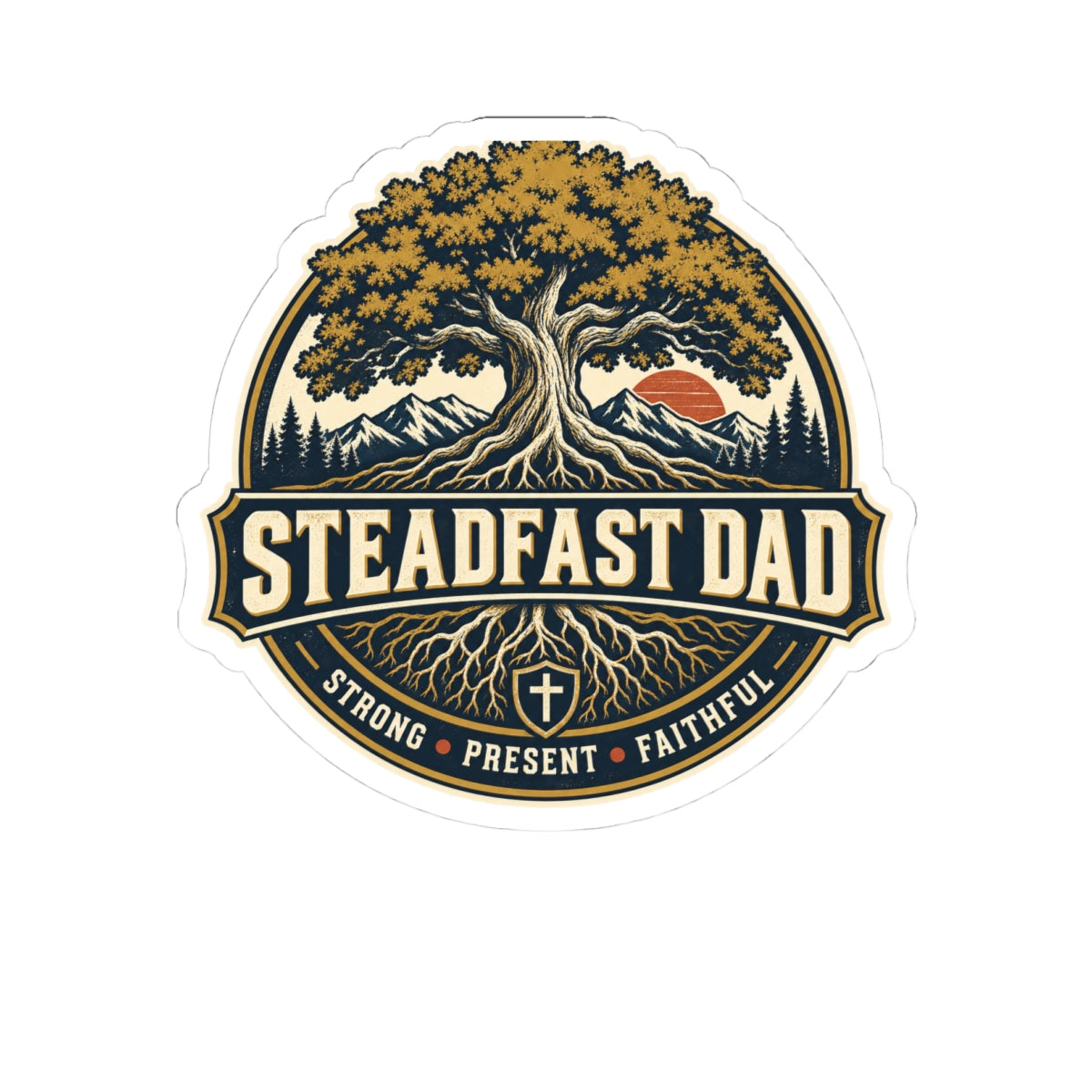 Steadfast Dad Sticker — Tree & Roots 'Strong • Present • Faithful'